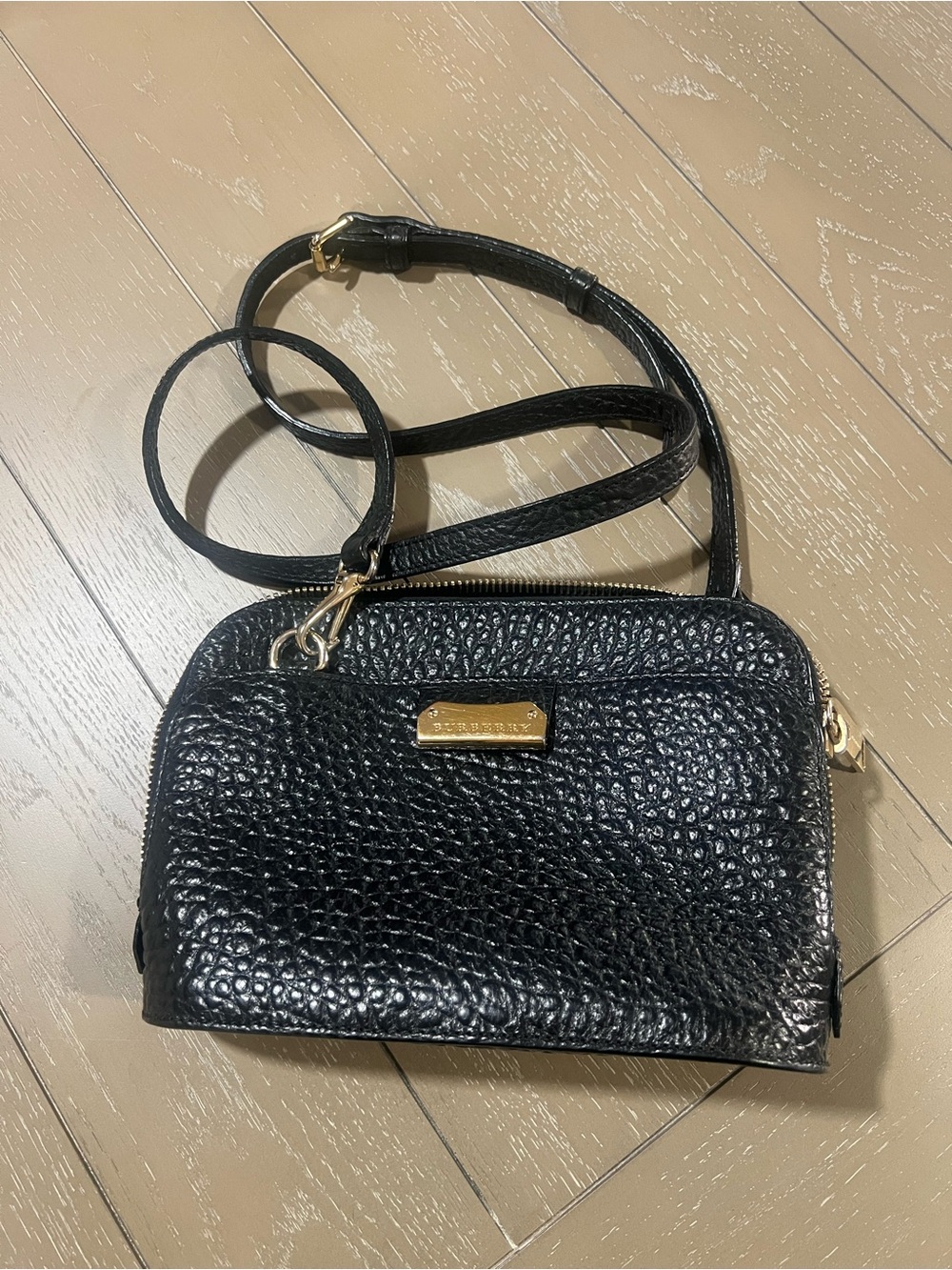 Burberry Black Textured Leather Crossbody with Gold Plaque